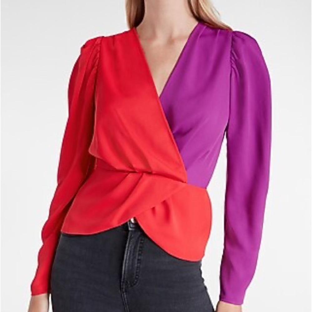 Express Color Block Faux Wrap Front Tulip Peplum Top